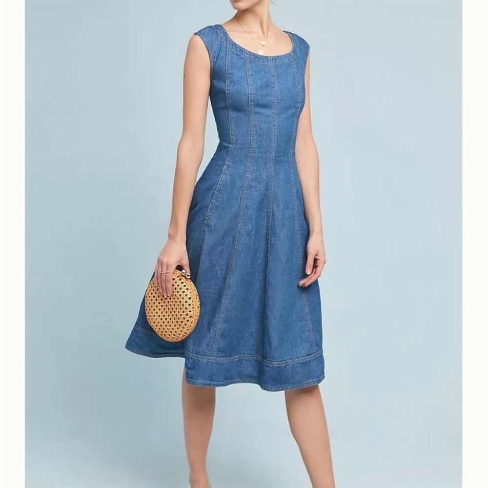 Anthropologie Pilcro Letterpress Blue Back Zip Denim Midi Dress POCKETS sz 8